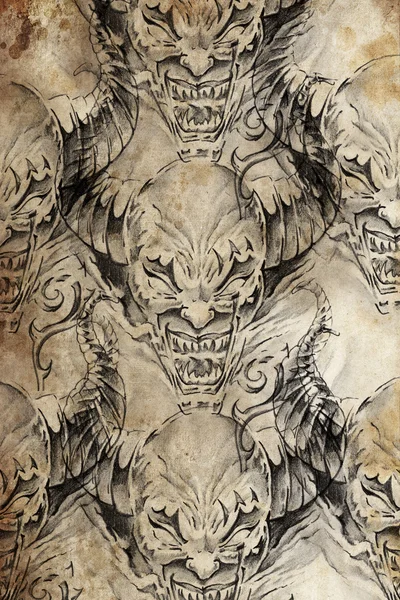 Tattoo pattern with demon designs over antique paper — Stock Photo, Image