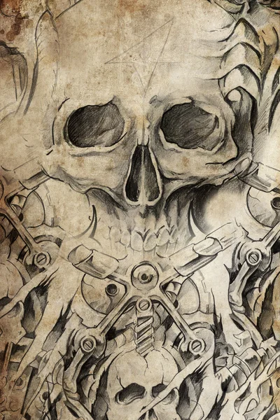 ビンテージの紙の上の頭蓋骨と入れ墨のデザイン — ストック写真