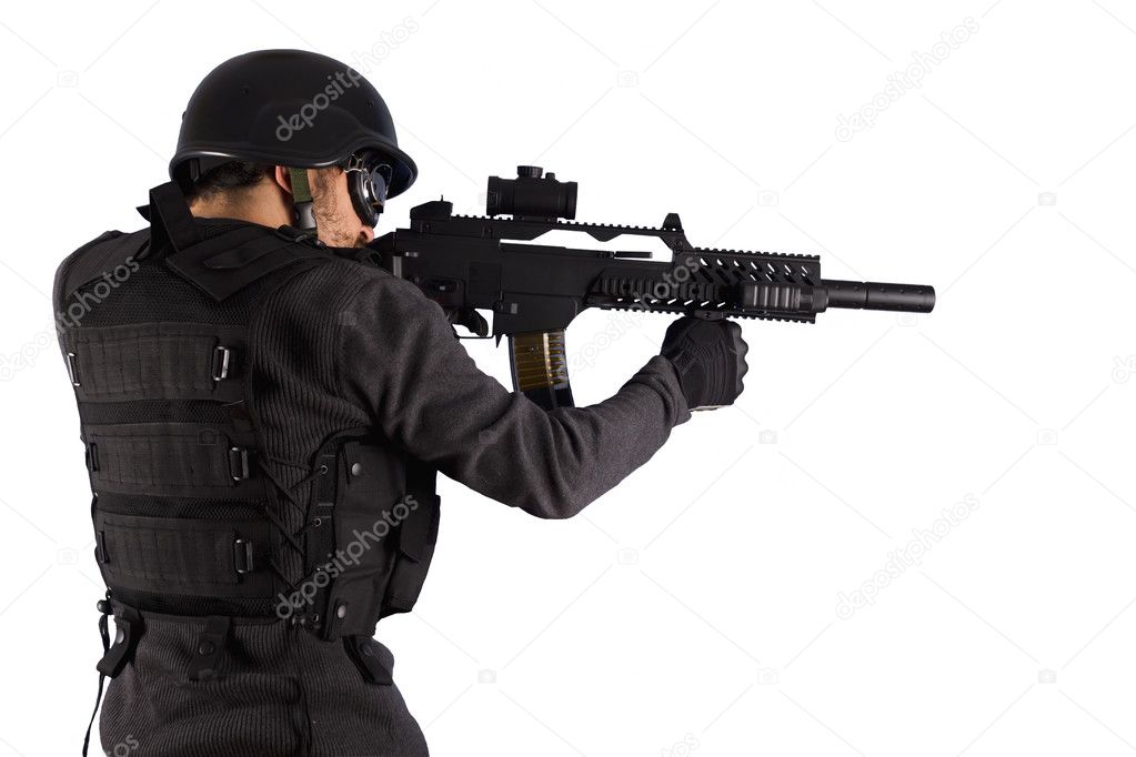 Street Assault, Armed policeman shooting, isolated on white