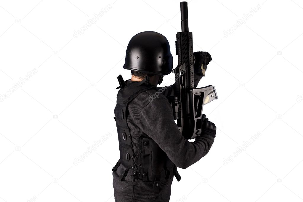 Airport security, Armed policeman shooting, isolated on white