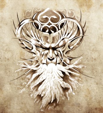 Sketch of tattoo art, monster mask with white fire clipart