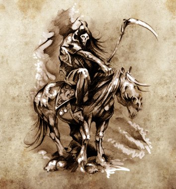 Sketch of tattoo art, medieval warrior with horse clipart