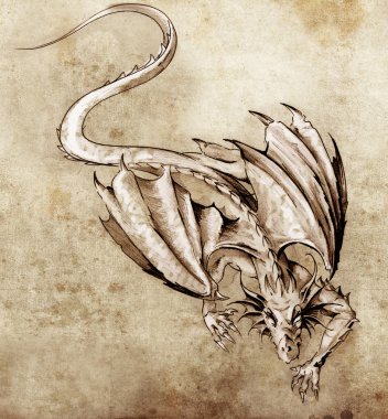 Sketch of tattoo art, modern dragon clipart