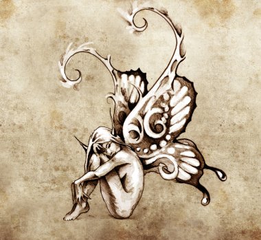 Sketch of tattoo art, fairy with butterfly wings clipart