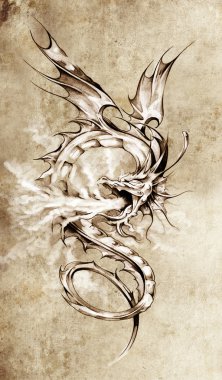 Sketch of tattoo art, stylish dragon illustration clipart