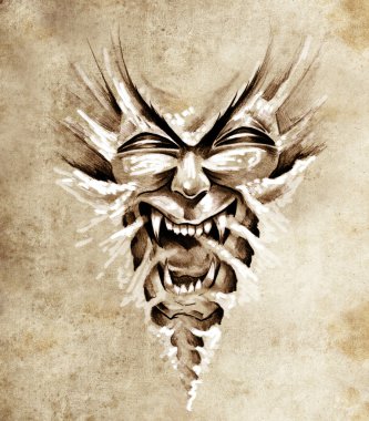 Sketch of tattoo art, monster agressive mask clipart