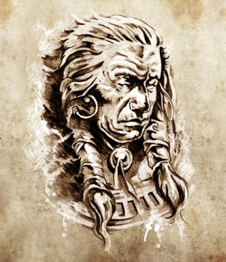 Sketch of tattoo art, Portrait of american indian chief in natio clipart