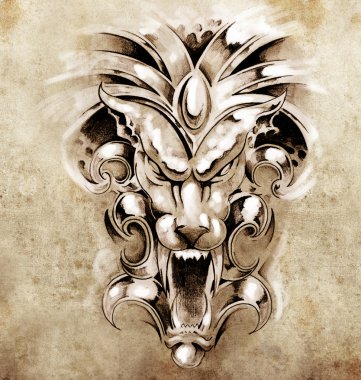 Sketch of tattoo art, gargoyle devil mask clipart