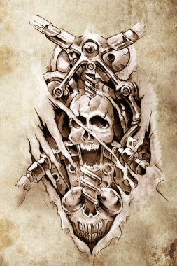 Tattoo art, sketch of a machine gears and skull clipart