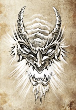 Tattoo art, sketch of a japanese monster mask clipart