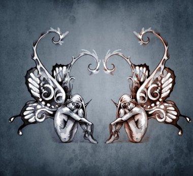 Duality concept tattoo, two fairy on blue vintage background clipart