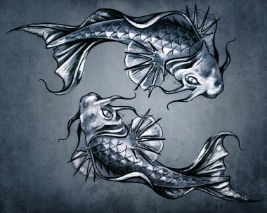 Duality concept tattoo, two Japanese goldfish on blue vintage b clipart