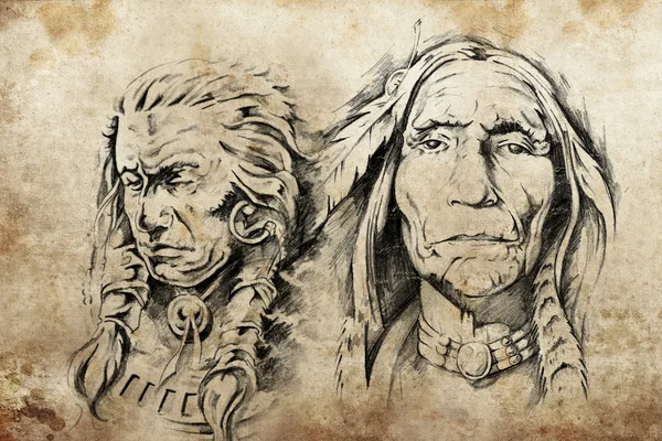 Szkic tatuaż starszych indian amerykańskich — Zdjęcie stockowe