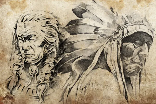 アメリカ ・ インディアンの戦士のタトゥー スケッチ — ストック写真