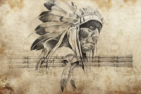 Tattoo schets van Indiaanse tribal chief warriors — Stockfoto