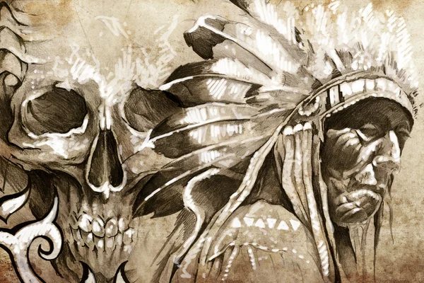 Tetování náčrt indiánské kmenové hlavní bojovník s lebkou — Stock fotografie