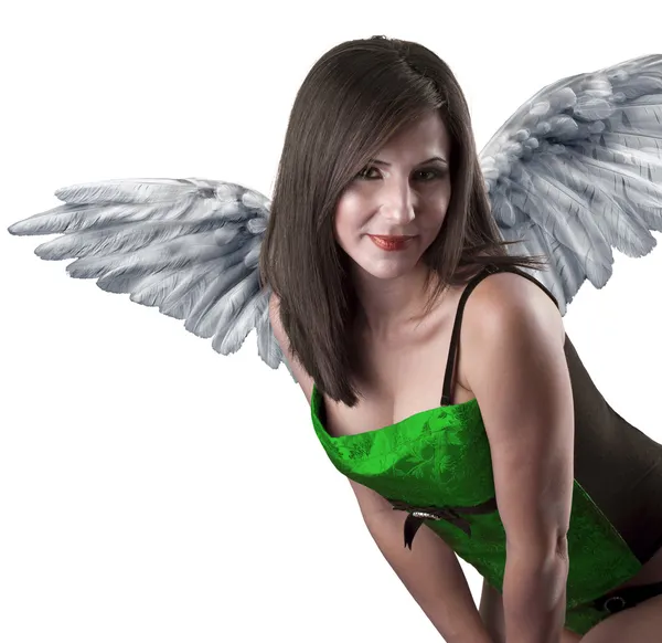 Sexy Anioł, zbliżenie portret pięknej dziewczyny z feathe biały — Zdjęcie stockowe