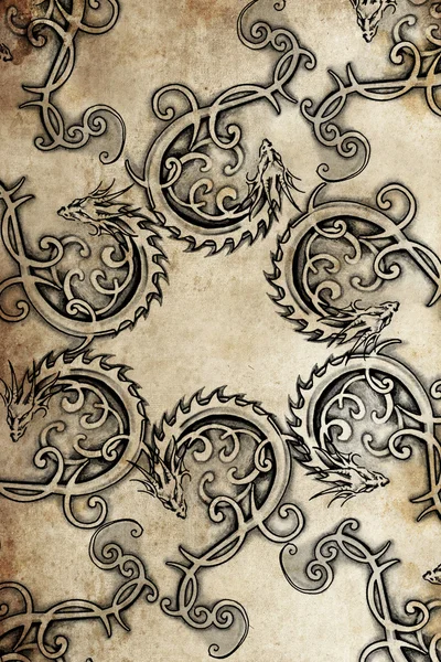 Tätowierung Gruppe von Drachen, antike Dekoration — Stockfoto