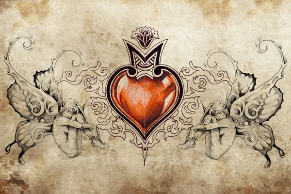 Τατουάζ σχέδιο τέχνη, καρδιά με δύο νύμφες σε κάθε πλευρά — Φωτογραφία Αρχείου