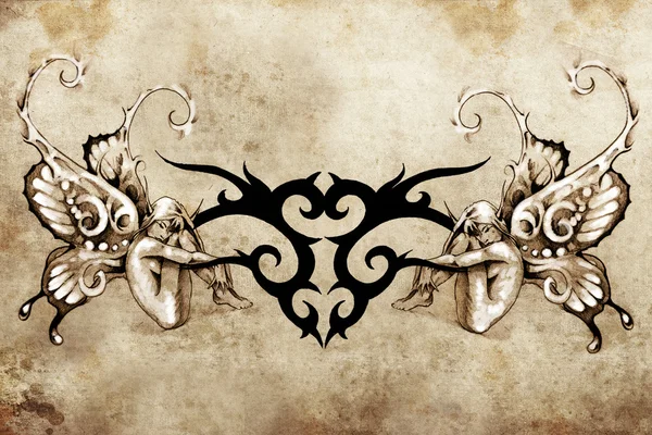 Tattoo art design, tribale con due ninfe su ogni lato — Foto Stock