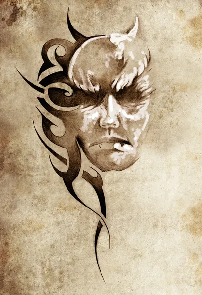 Bosquejo de arte del tatuaje, cabeza de monstruo con diseño tribal — Foto de Stock