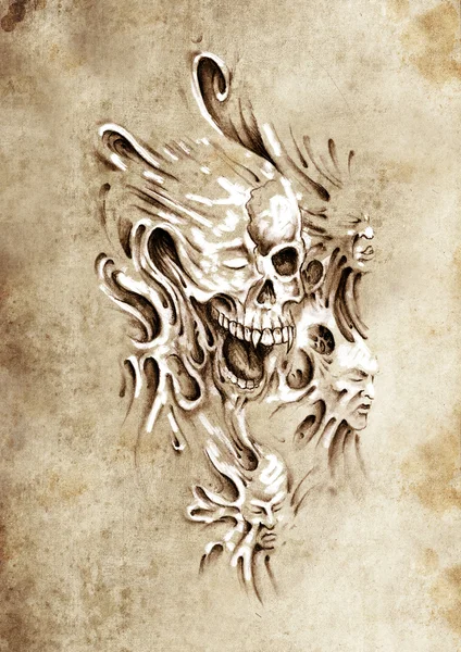 Schets van de tatoeage kunst, monster hoofden onder huid — Stockfoto