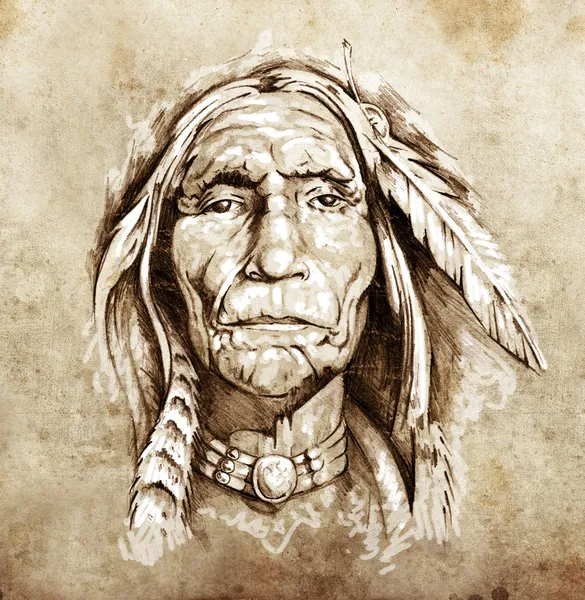 Skica o tetování, portrét indiána hlavy — Stock fotografie