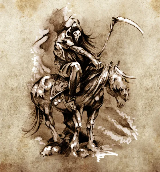 Skizze der Tätowierkunst, mittelalterlicher Krieger mit Pferd — Stockfoto