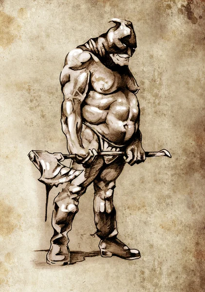Bosquejo de arte del tatuaje, guerrero con hacha — Foto de Stock