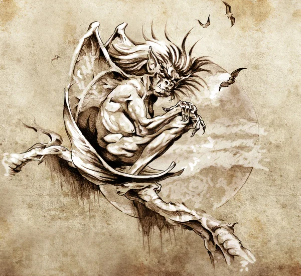 Desenho da arte da tatuagem, monstro gárgula sentado em uma árvore — Fotografia de Stock