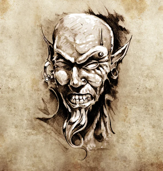 Esboço da arte da tatuagem, cabeça do diabo com piercing — Fotografia de Stock