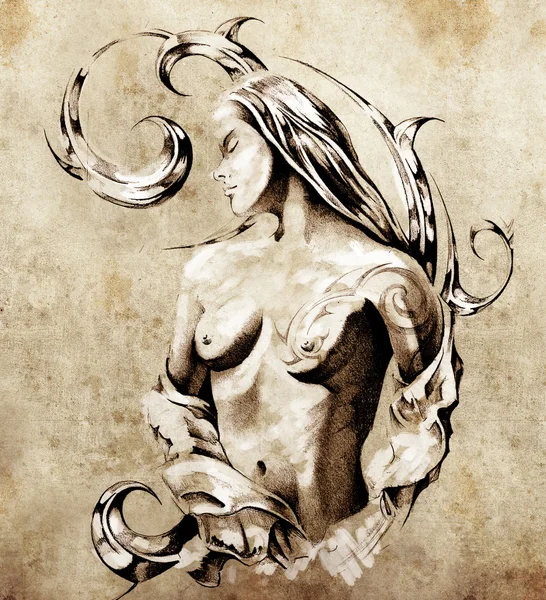 Bosquejo de arte del tatuaje, ilustración de hadas desnudas —  Fotos de Stock