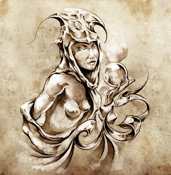 Sketch of tattoo art, nude fairy woman — Stock Photo, Image