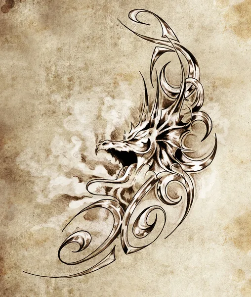 Náčrt tatto umění, dekorativní středověká drak — Stock fotografie