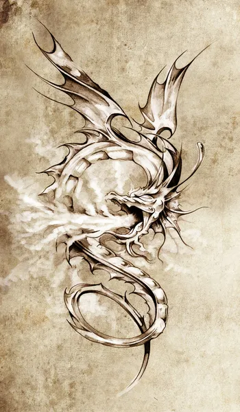 Sketch of tattoo art, stylish dragon illustration — Stock Photo, Image