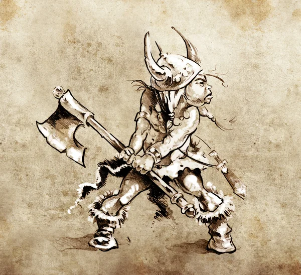 Desenho da arte da tatuagem, pequeno guerreiro engraçado com machado grande — Fotografia de Stock