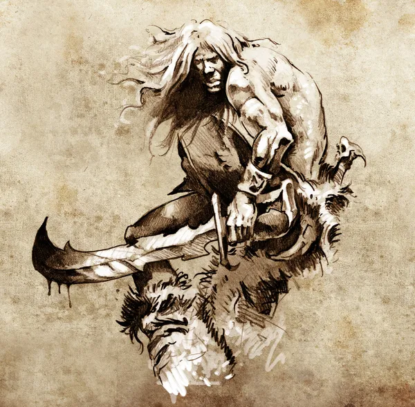 Sketch of tattoo art, warrior fighting with big sword — Stock Photo, Image