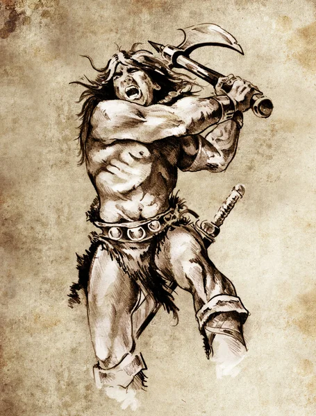 Bosquejo de arte del tatuaje, guerrero luchando con hacha grande —  Fotos de Stock