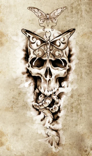Desenho da arte da tatuagem, crânio, ilustração do conceito de morte — Fotografia de Stock