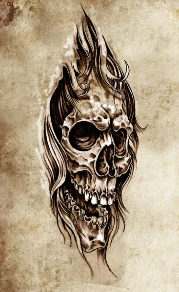 Croquis d'art de tatouage, illustration de tête de crâne, style vintage — Photo