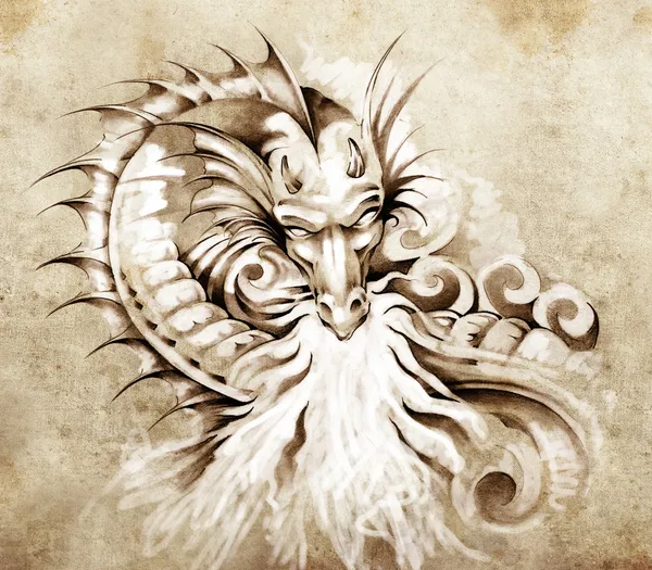 Bosquejo de arte del tatuaje, fantasía medieval dragón con fuego blanco —  Fotos de Stock