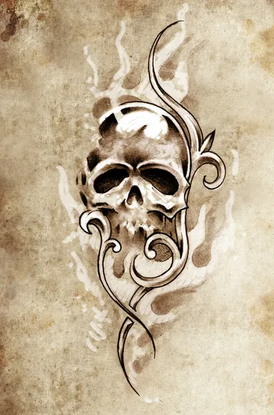 Sketch of tattoo art, skull devil, decorative vintage illustrati — Stock Photo, Image