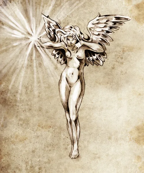 Schizzo di arte del tatuaggio, angelo fatato, donna nuda — Foto Stock