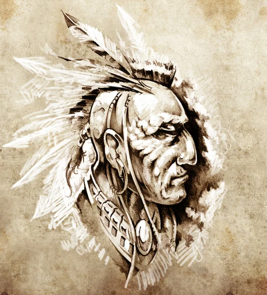 Skiss av tatuering konst, indianen chief illustration — Stockfoto