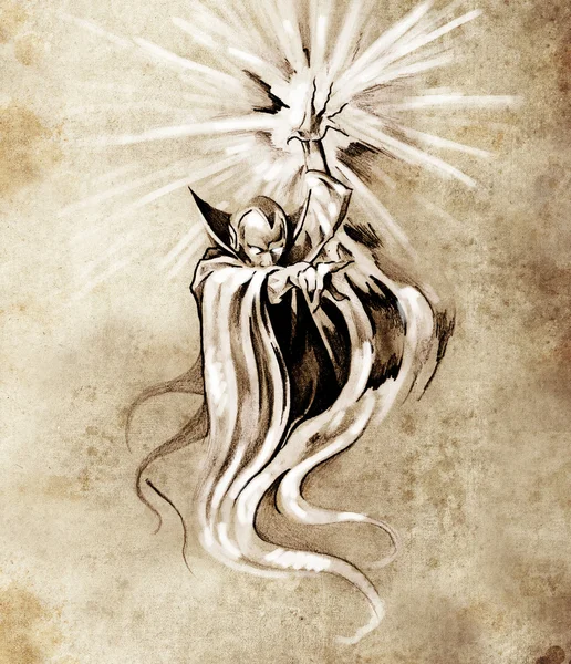 Sketch of tatto art, warlock, sorcerer, halloween concept — Stock Photo, Image