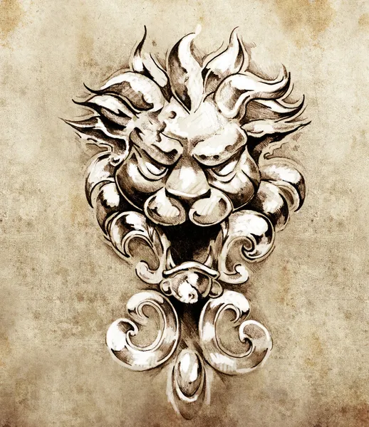 Ескіз татуювання мистецтва, ілюстрація Ґарґойл лева — стокове фото
