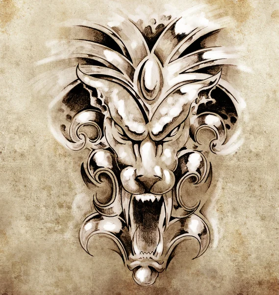 Ескіз татуювання мистецтва, маска диявола Гаргоїл — стокове фото