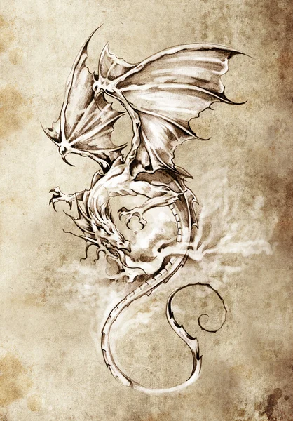 Desenho da arte da tatuagem, ilustração clássica do dragão — Fotografia de Stock