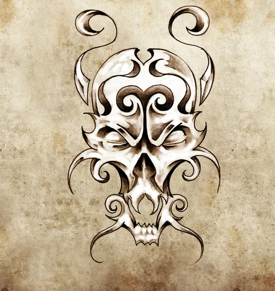 Bosquejo de arte del tatuaje, máscara de monstruo con elementos decorativos —  Fotos de Stock