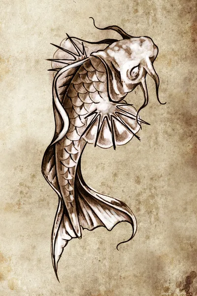 Ескіз татуювання, японська золота рибка — стокове фото